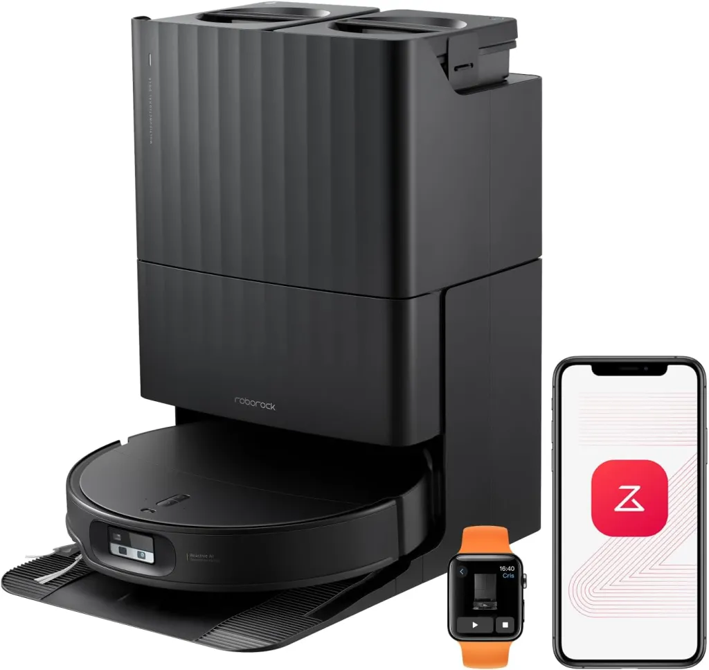 Roborock Q Revo robot vacuum with multifunction dock, an Apple Watch, and a smartphone showing an app.