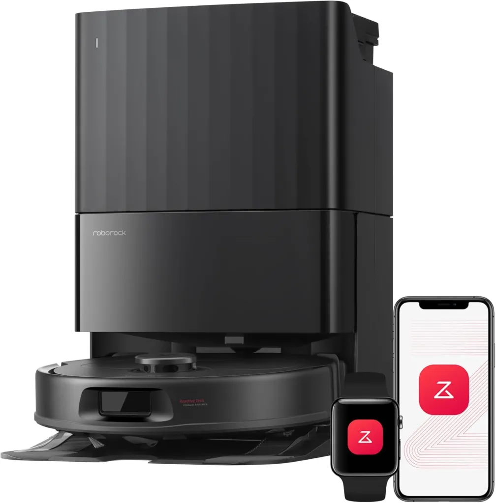 Black Roborock Qrevo S Pro robot vacuum with an accompanying smartwatch and smartphone displaying the app.