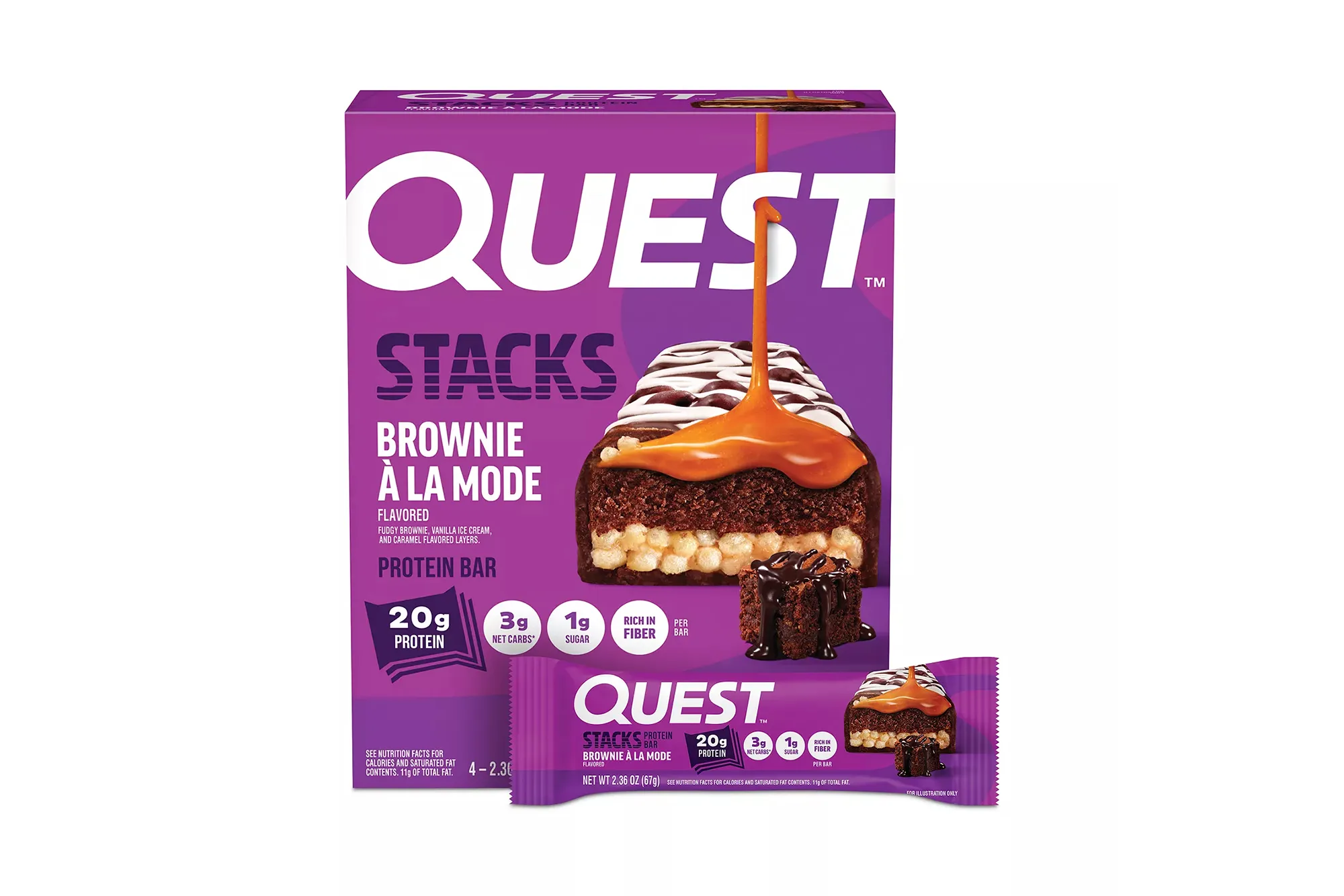Quest Protein Bar "Brownie à la Mode" box and single bar wrapper, with an illustration of a brownie protein bar on both packages.