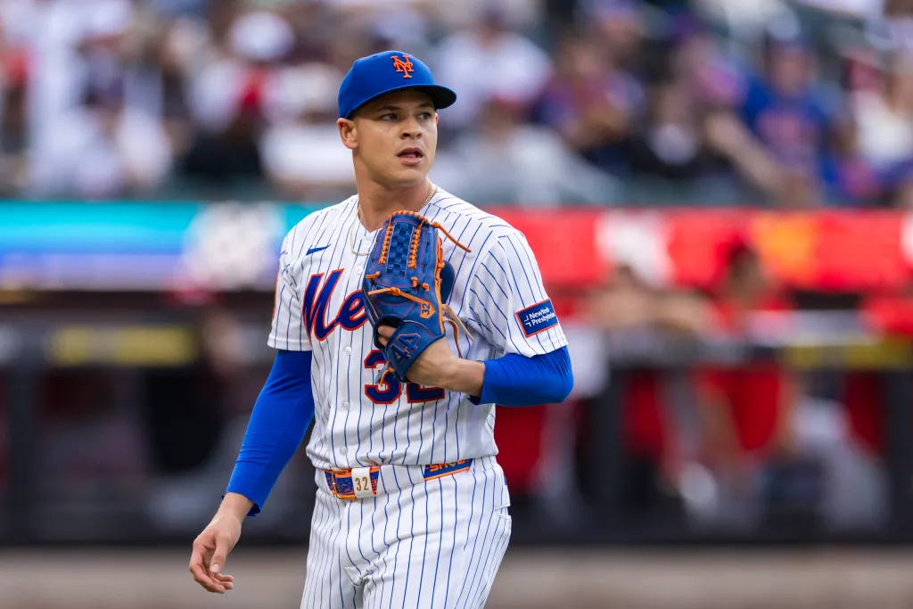 New York Mets pitcher Tobias Myers (32) reacts after the eighth inning against the Cincinnati Reds.
