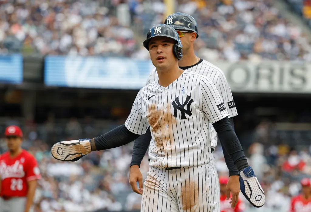 New York Yankees shortstop Anthony Volpe reacts after being picked off first base.