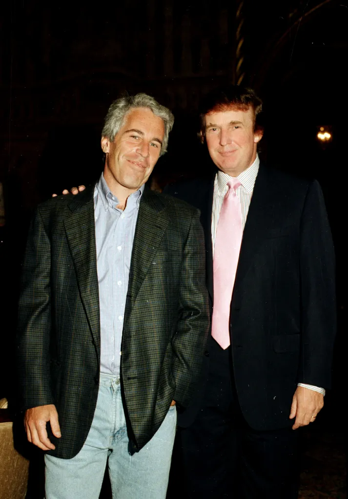 Jeffrey Epstein with his arm around Donald Trump, both smiling at the camera.