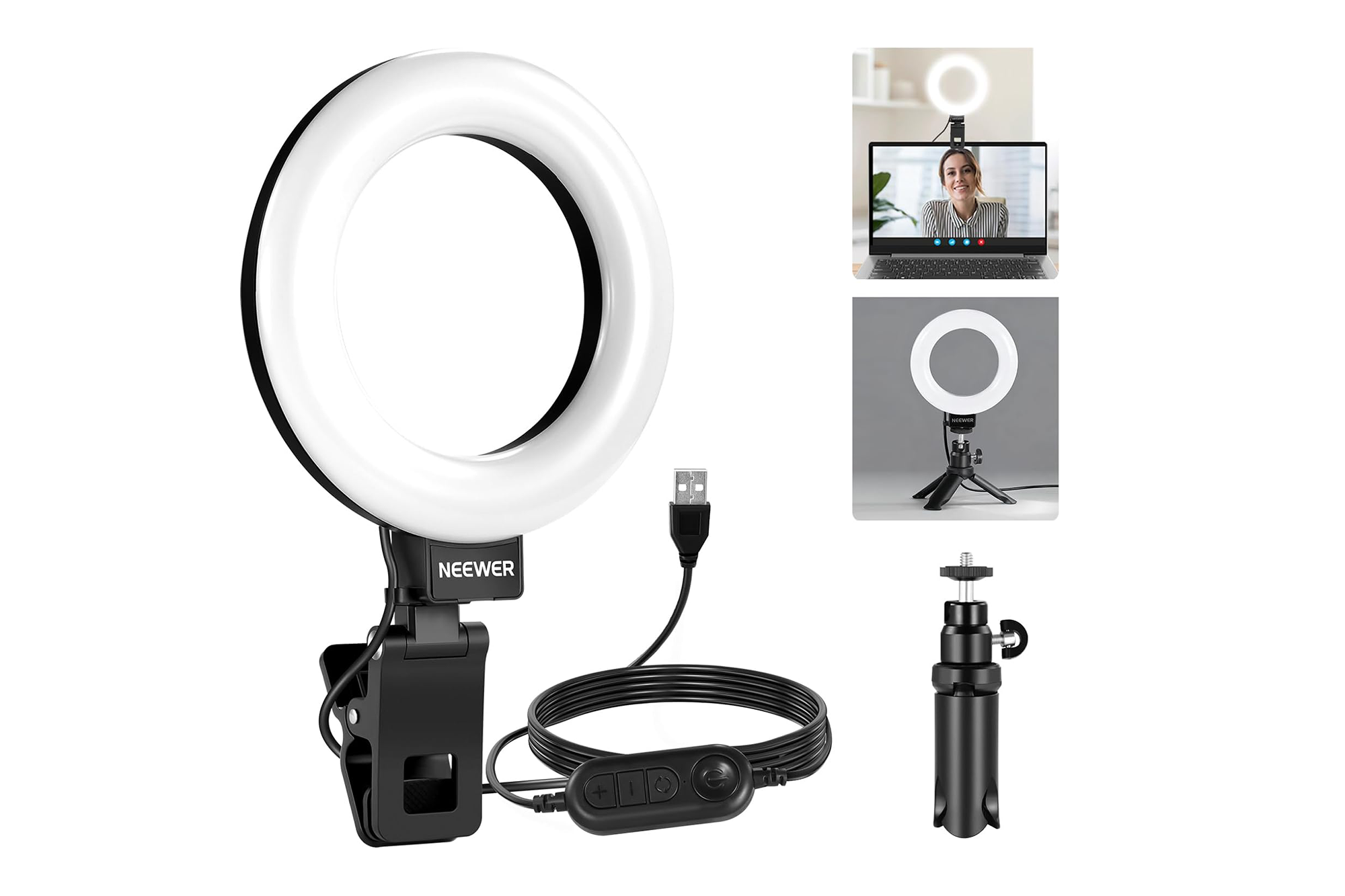 Collage of a Neewer ring light with a clip mount, USB cable with remote, a tabletop tripod, and examples of it mounted on a laptop and on the tripod.