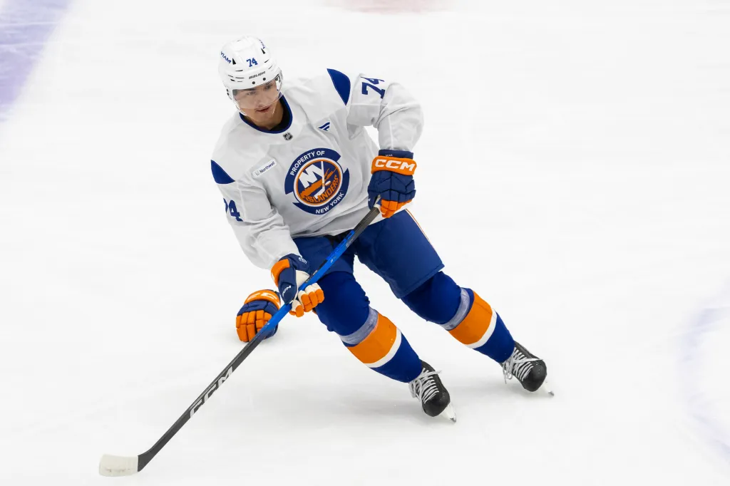 New York Islanders defenseman Ethan Bear (74) during a drill at practice.