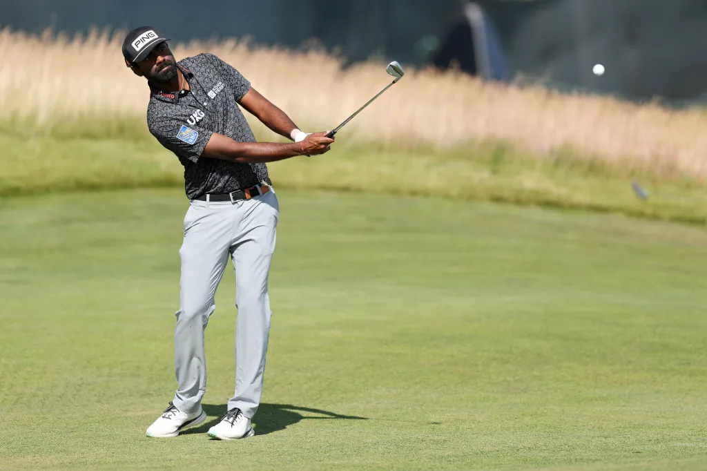 Sahith Theegala of the United States plays a shot on the sixth hole during the third round of the 126th U.S. OPEN at Shinnecock Hills Golf Club on June 20, 2026 in Southampton, New York.