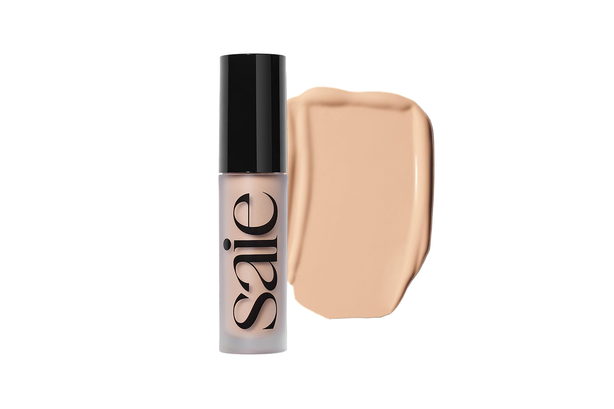 Saie Slip Tint skin tint bottle next to a swatch of the product in a light-to-medium skin tone shade.