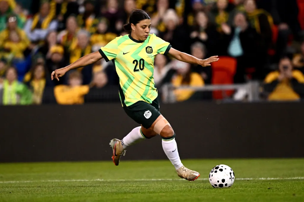 Sam Kerr of Australia controls the ball during a women's international friendly match.