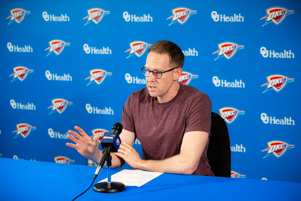 Sam Presti at a media availability session.