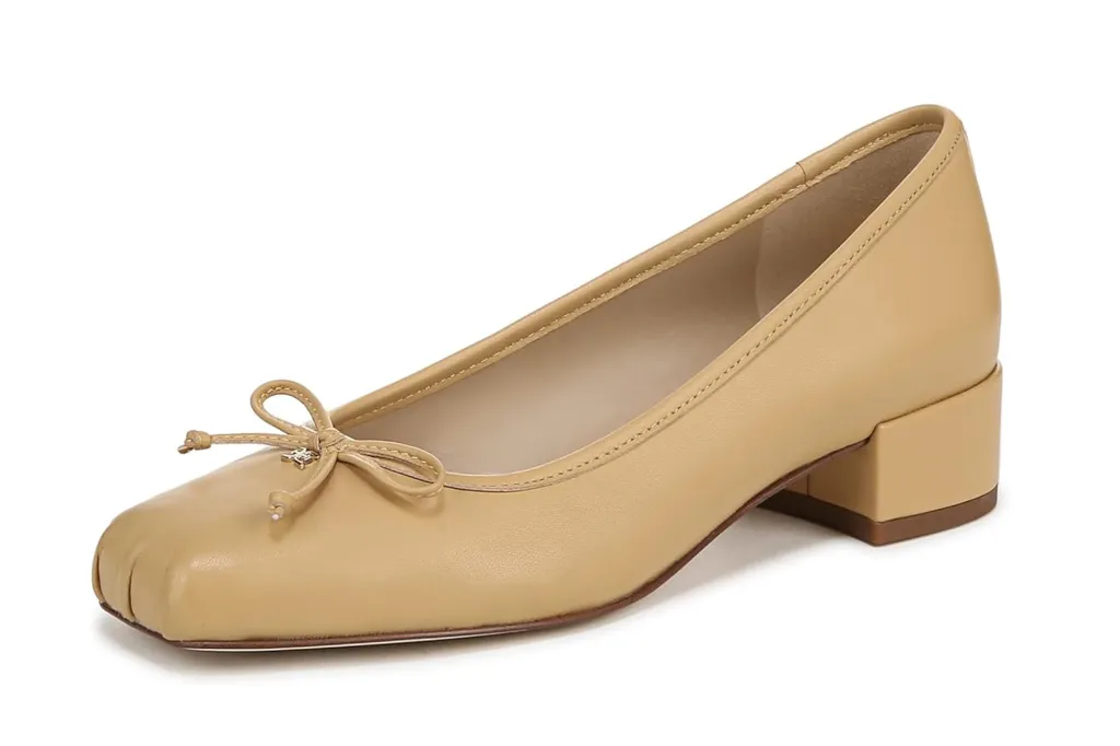 Beige leather square-toe ballet flat with a bow and low block heel.