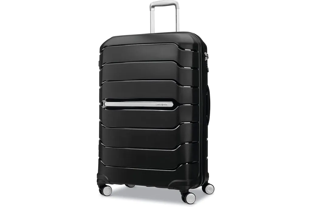A black Samsonite suitcase with wheels