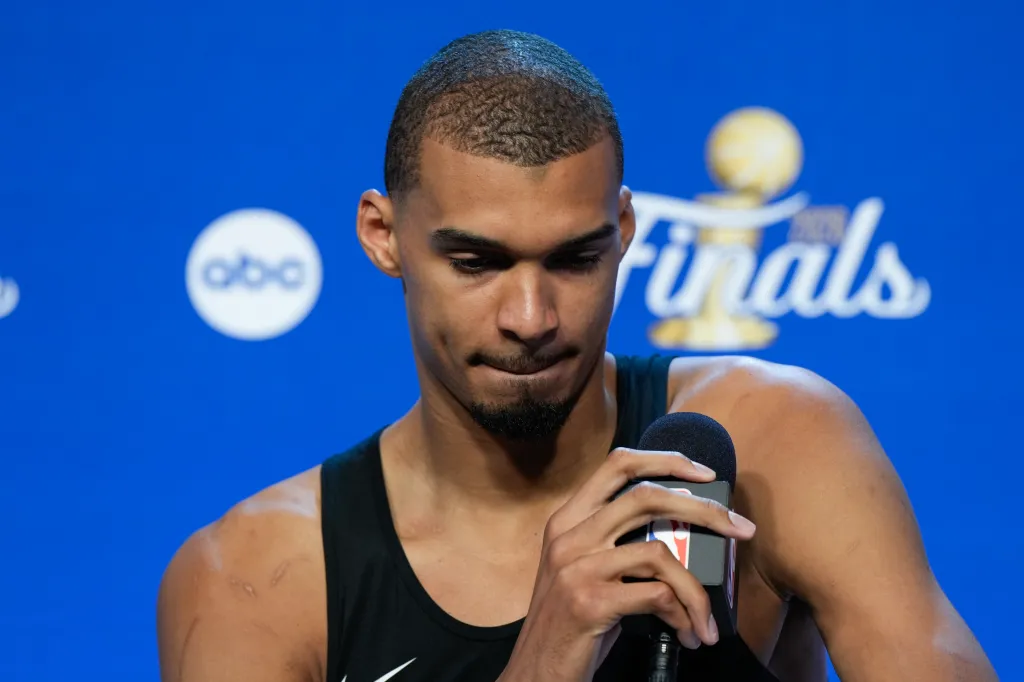 Victor Wembanyama speaks to the media at the NBA Finals.