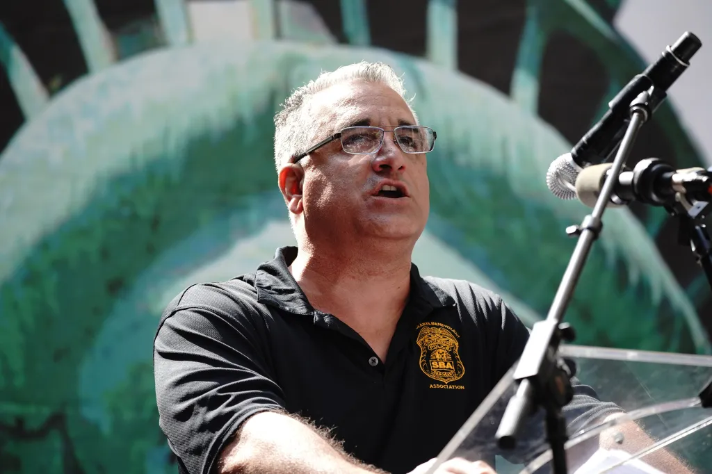 SBA Vice President, Vincent Vallelong gives an impassioned speech during a rally to oust NYC mayor, Bill Di Blasio outside NYC City Hall, hosted by artist, Scott Lobaido.