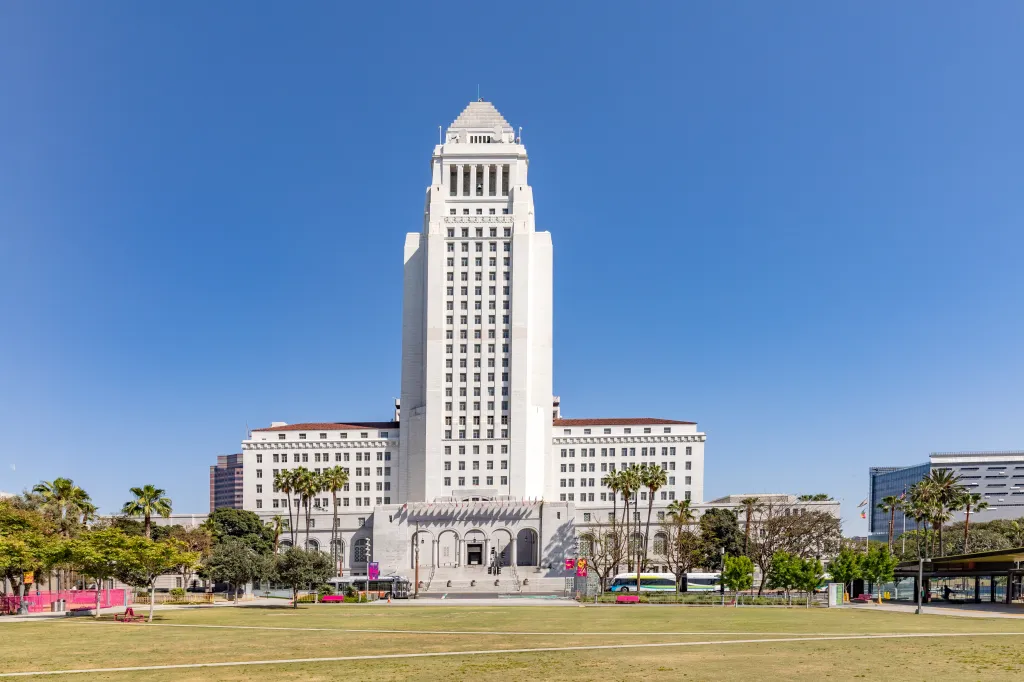 Los Angeles City Hall and surrounding landscape.