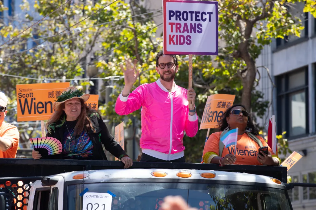 Scott Wiener makes his way down Market street during the San Francisco Pride Parade on June 28, 2026 in San Francisco, California.