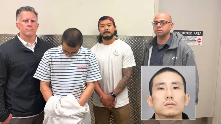 Collage of three men with a restricted area sign and an inset mugshot of a man.
