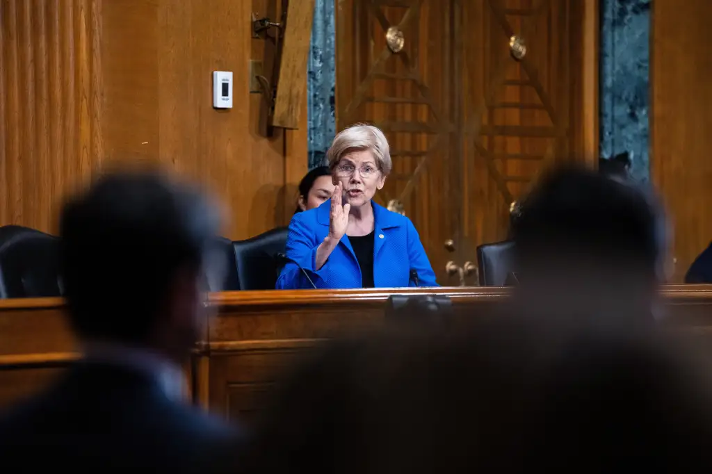 Sen. Elizabeth Warren asking questions during a Senate Finance Committee hearing.