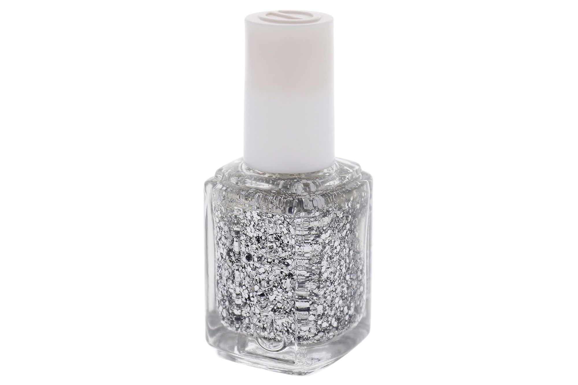 Bottle of Essie "Set in Stones" silver glitter nail polish.