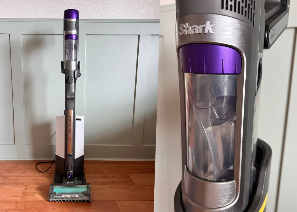 Collage of a full-length Shark PowerDetect vacuum and a close-up of its dustbin.