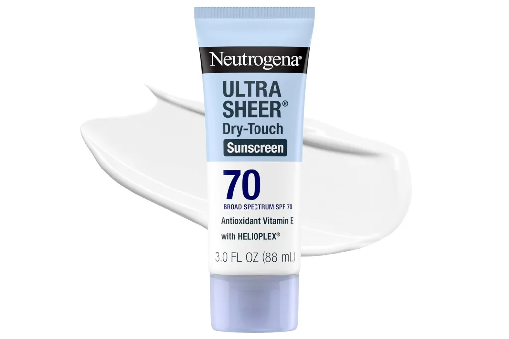 Neutrogena Ultra Sheer Dry-Touch Sunscreen SPF 70 tube with a swatch of product.