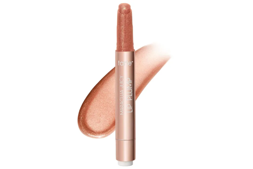 Tarte Maracuja Juicy Lip Plump in rose gold with a swatch of the product.