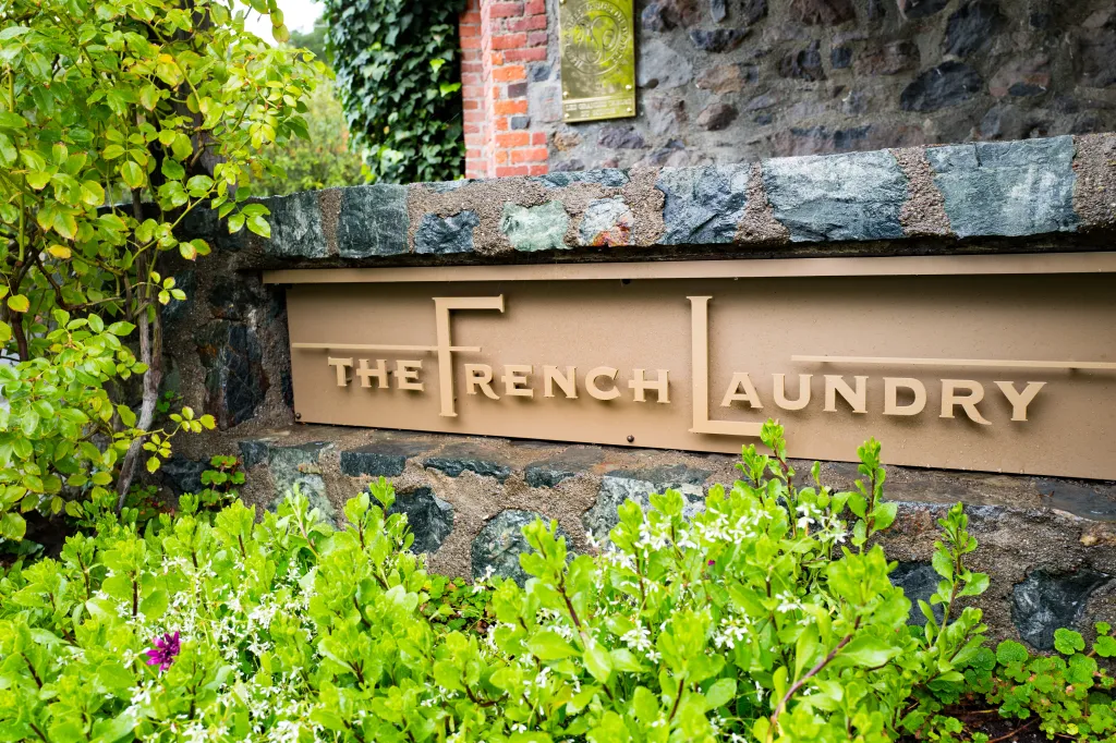 Signage for The French Laundry restaurant in Yountville, Napa Valley, California.