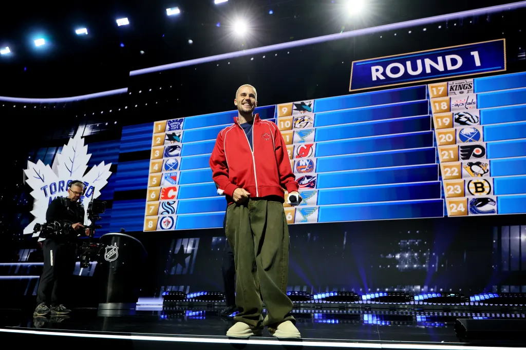 Singer Justin Bieber on stage during day one of the 2026 NHL Draft in Buffalo, New York.
