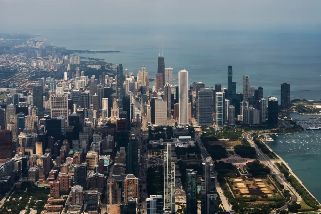 Aerial view of the Chicago skyline and Lake Michigan.