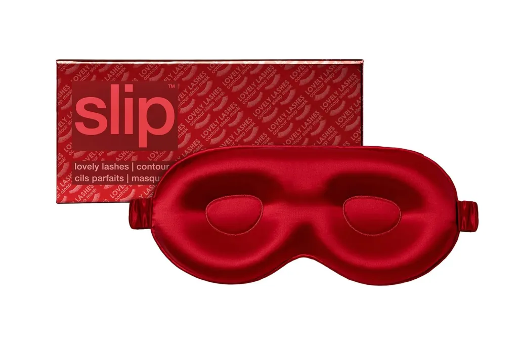 Red silk sleep mask and its packaging.