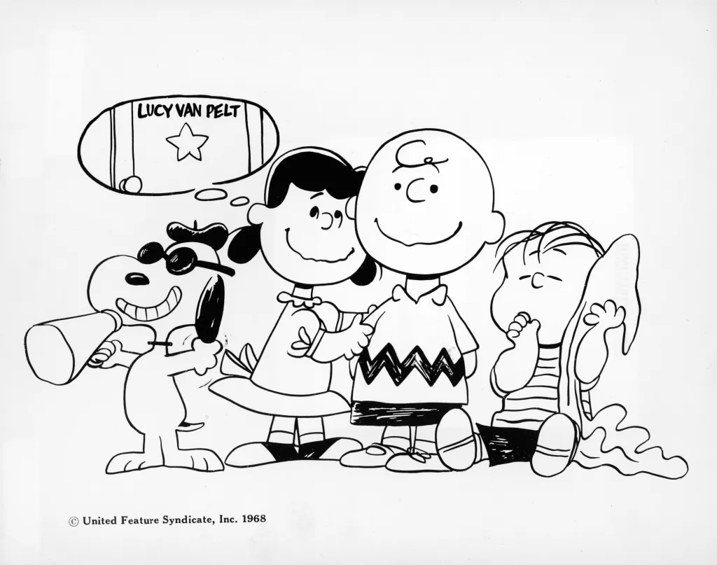 Illustration of Snoopy holding a megaphone, Lucy hugging Charlie Brown, and Linus sucking his thumb from the "Peanuts" comic strip.