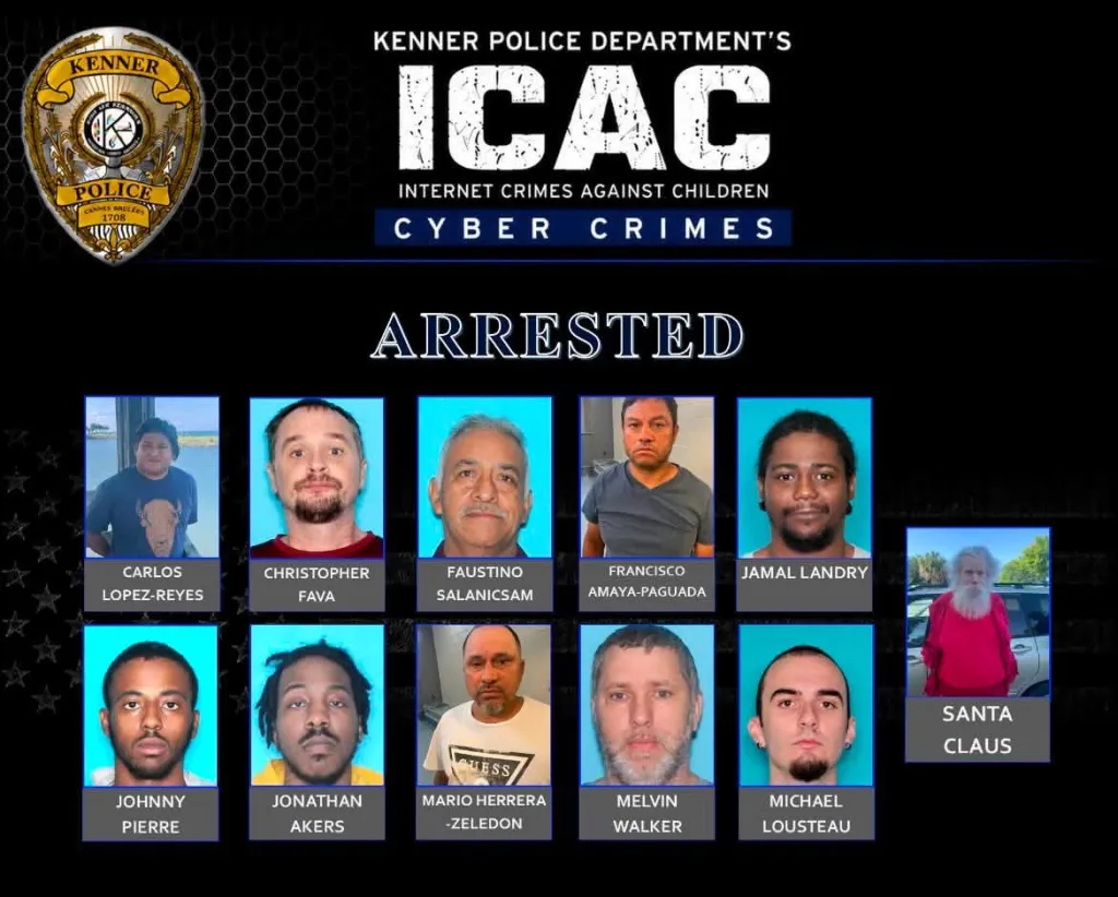 Collage of ten mugshots of men, with an eleventh image of a man dressed as Santa Claus, under the title "ARRESTED" by the Kenner Police Department's ICAC Cyber Crimes unit.
