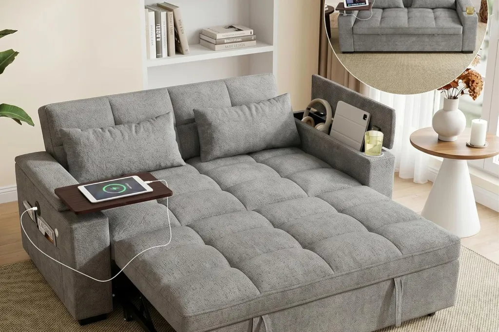 Collage of a grey sofabed with side storage and charging port, and an inset image of the sofabed converted into a bed.