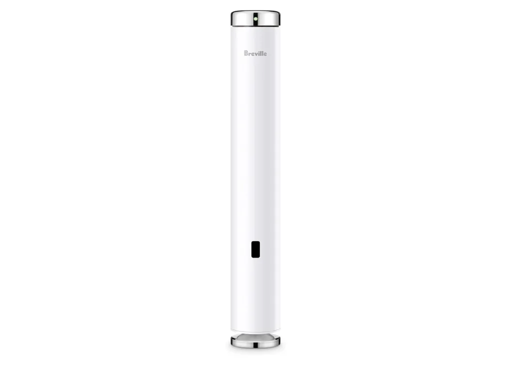 A white Breville Joule sous vide machine with a chrome top and base.