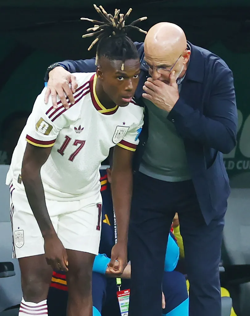 Spain's head coach Luis de la Fuente gives instructions to Nico Williams during a FIFA World Cup match.