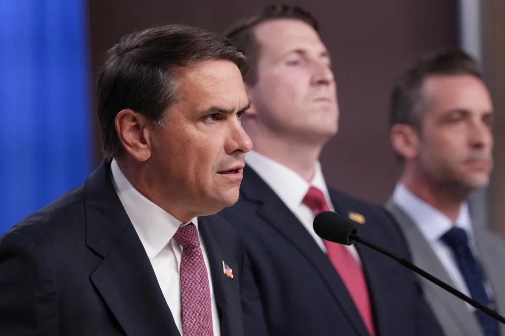Todd Blanche speaking at a press conference.