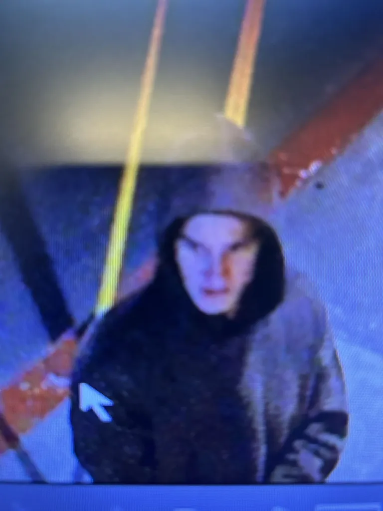 Blurry, color-distorted image of an individual wearing a dark hoodie.