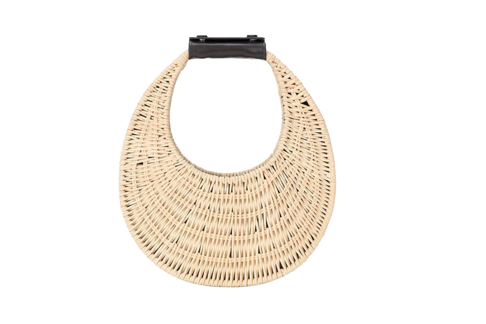 Woven beige shoulder bag with a black leather handle.