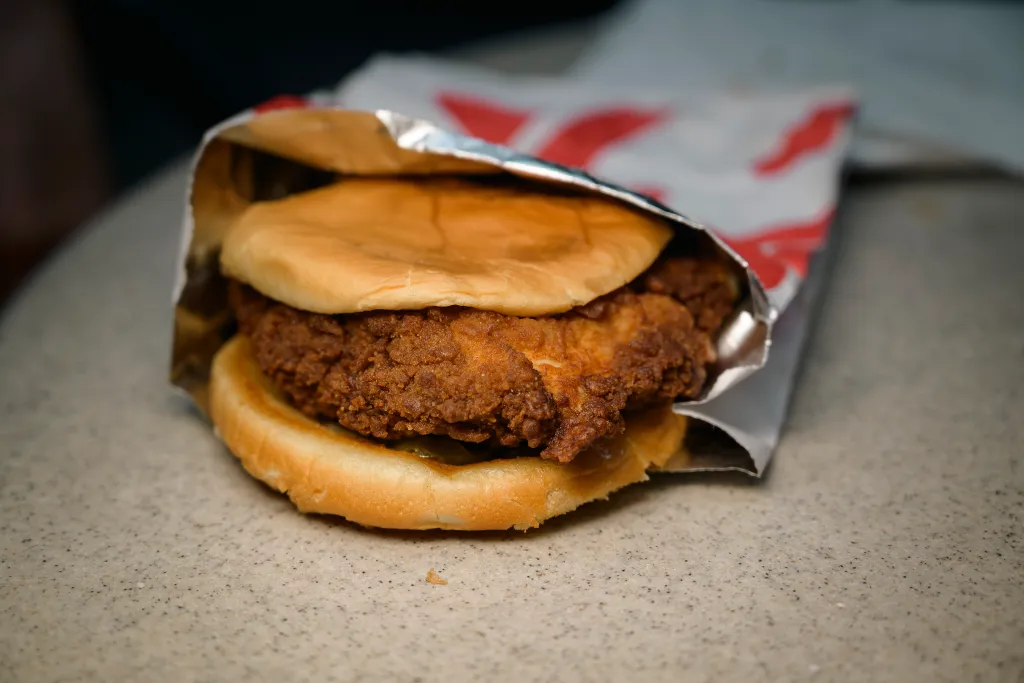 A Chick-fil-A fried chicken sandwich in its wrapper.