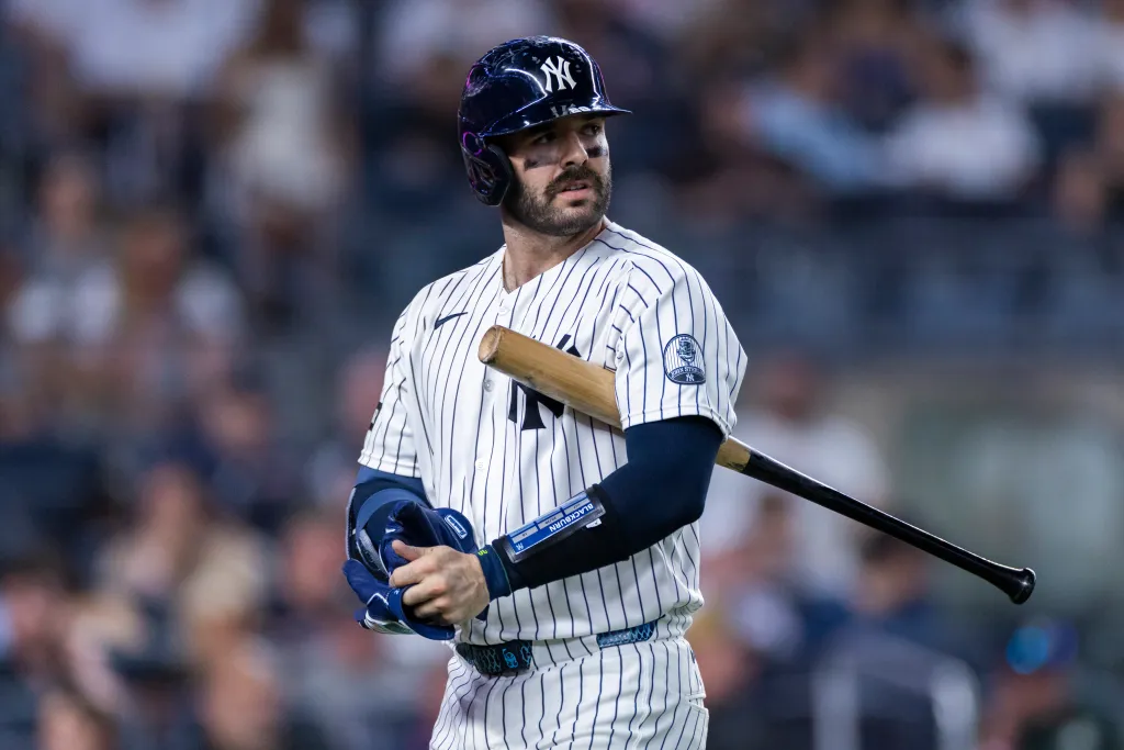 New York Yankees catcher Austin Wells (28) strikes out.