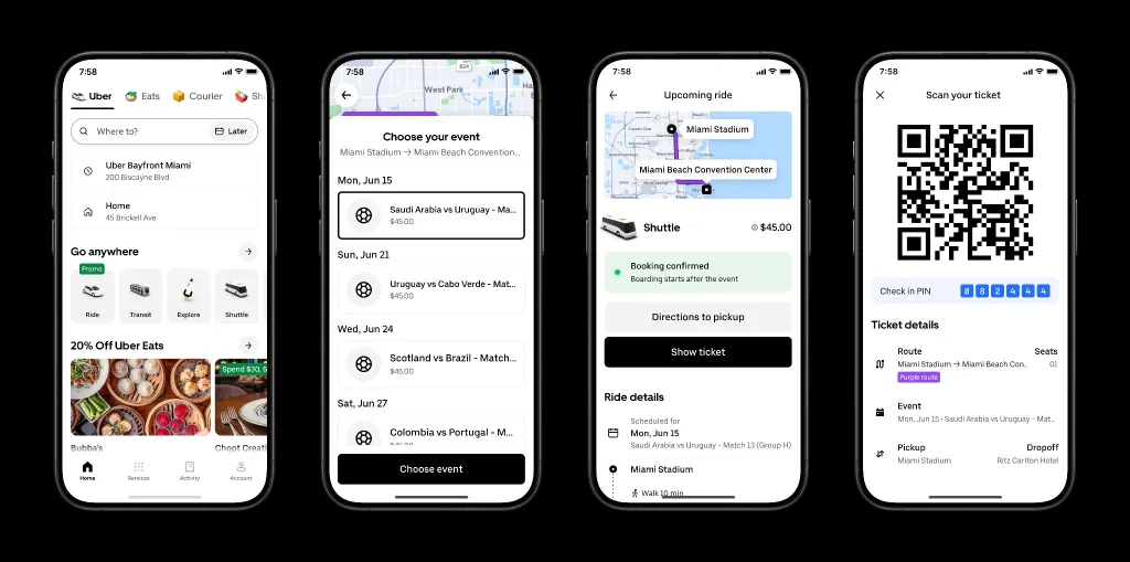 Collage of four iPhone screens showing the process of booking a shuttle ride to a soccer match on Uber.