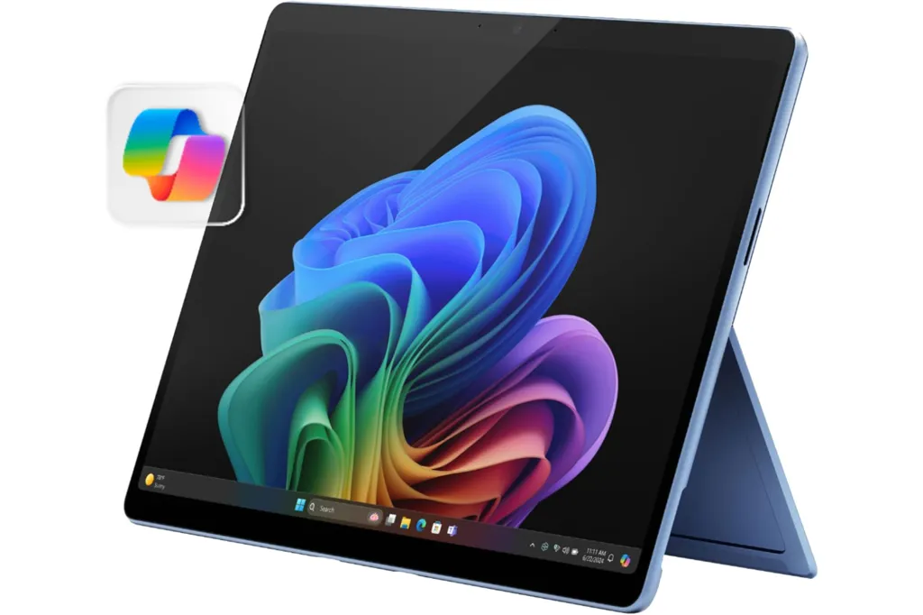 Surface Pro 2-in-1 device showing an app icon and Windows 11 desktop.