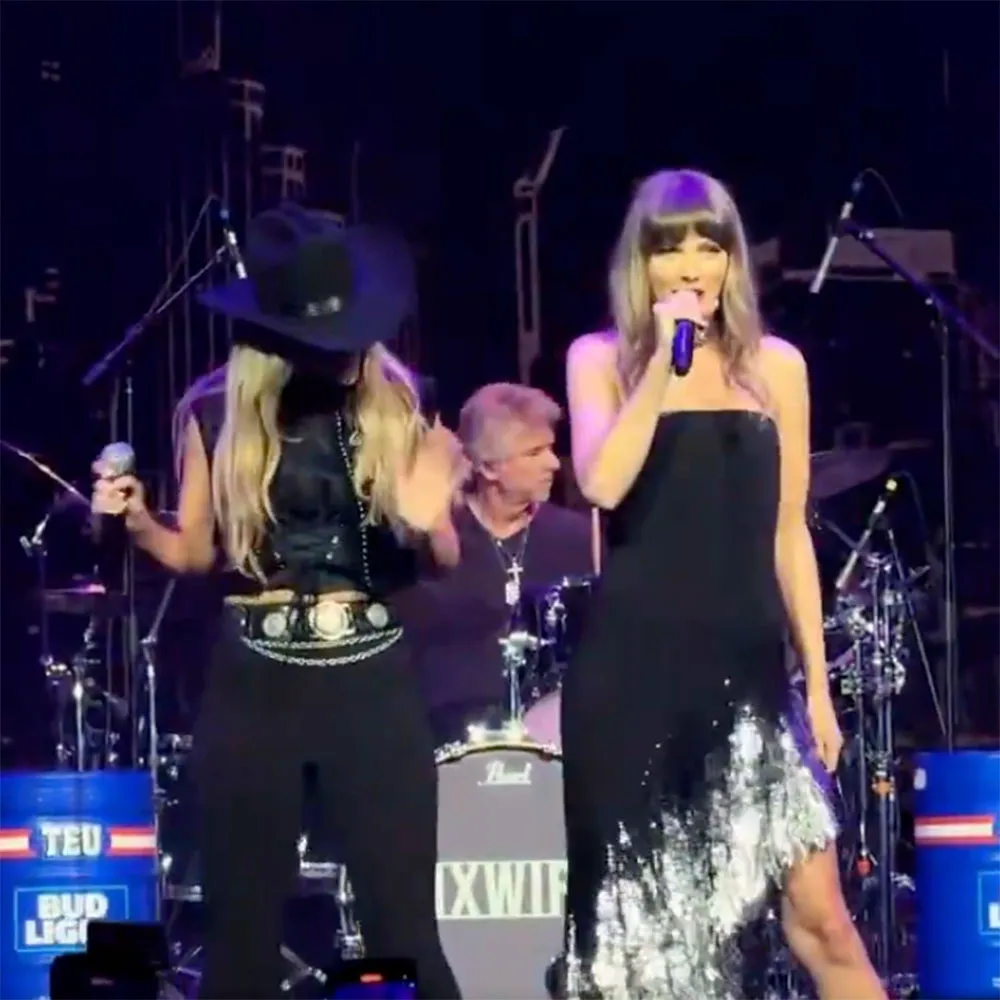 Taylor Swift (R) and Lainey Wilson (L) performed a duet of Swift's song, "Love Story" while at a party for the Tight End University summit in Nashville on Tuesday, June 23, 2026.