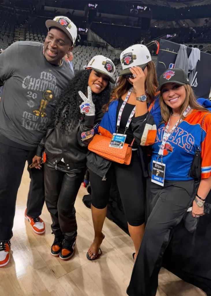 (L-R) Karl-Anthony Towns Sr., Teyana Taylor Jordyn Woods and Elizabeth Woods after the Knicks won the 2026 NBA Finals against the Spurs. 
