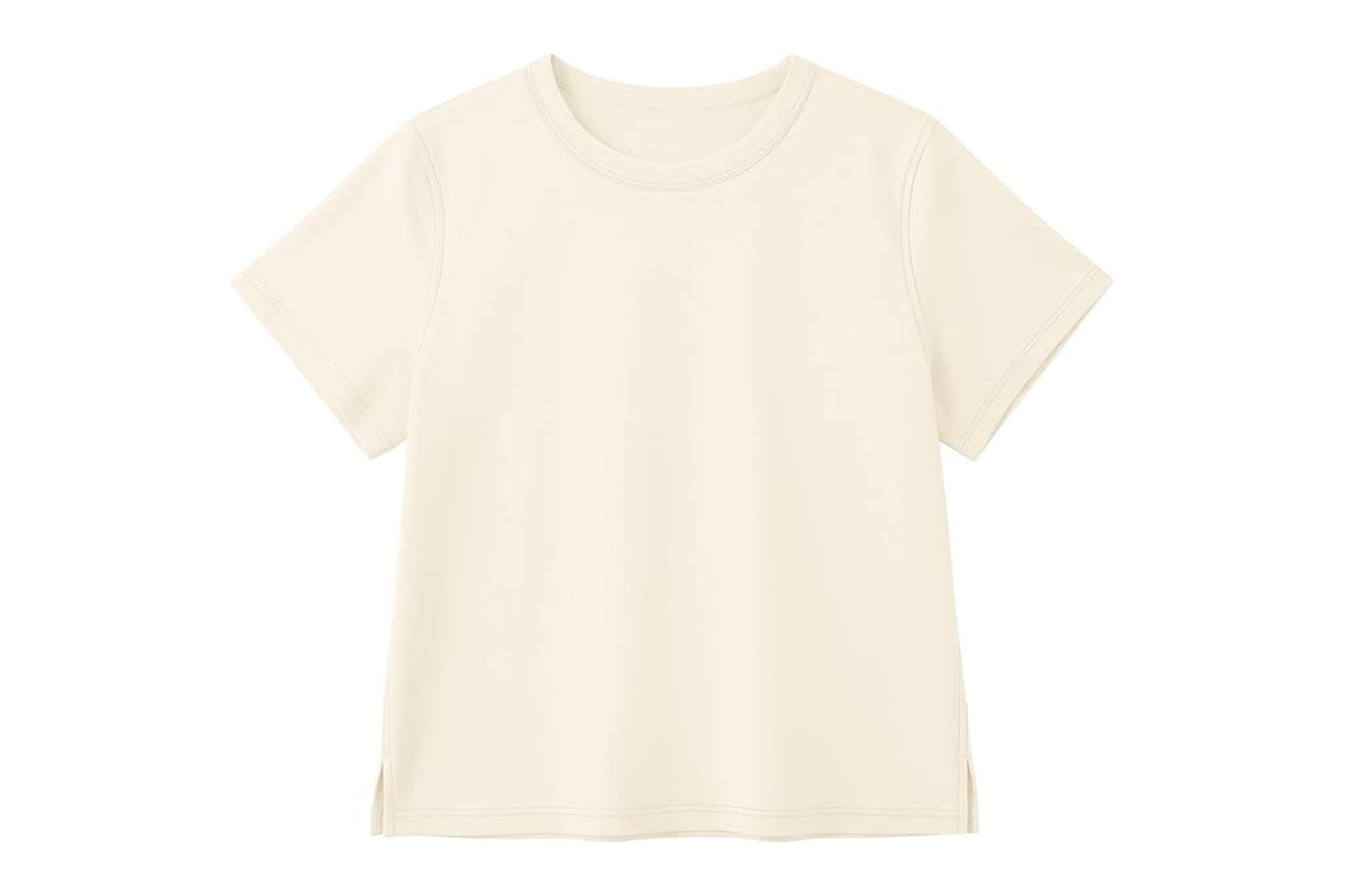 A plain cream-colored short-sleeved t-shirt with a rounded collar and small slits on the bottom sides.