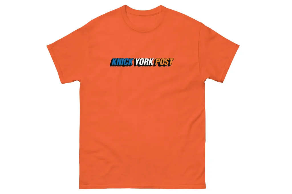 Orange t-shirt with the words "KNICK YORK POST" in blue, white, and orange.