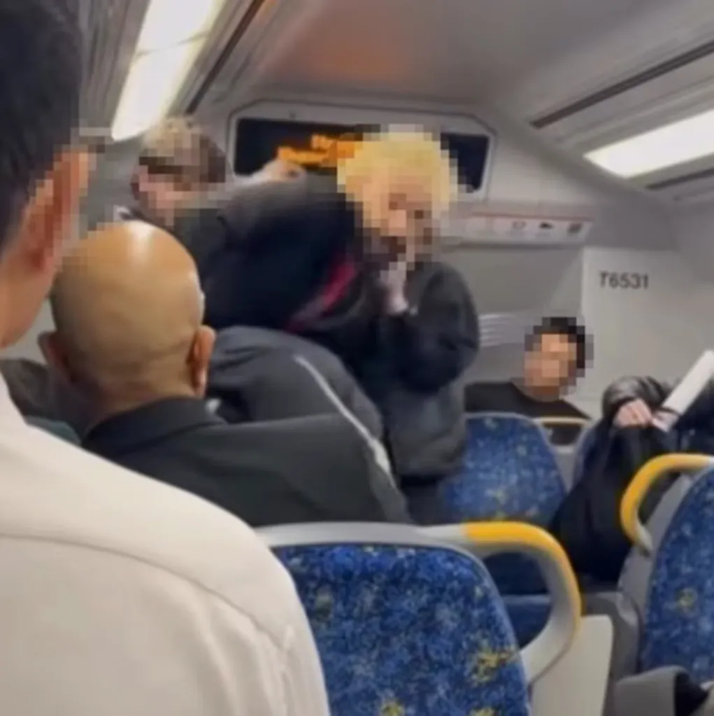 A blurry photo of an attack on a Sydney train, with multiple people pixelated and one person with blonde hair holding another.