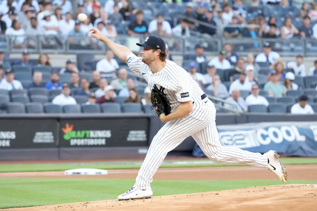 New York Yankees pitcher Gerrit Cole (45) throws a pitch during the first inning against the Chicago White Sox.