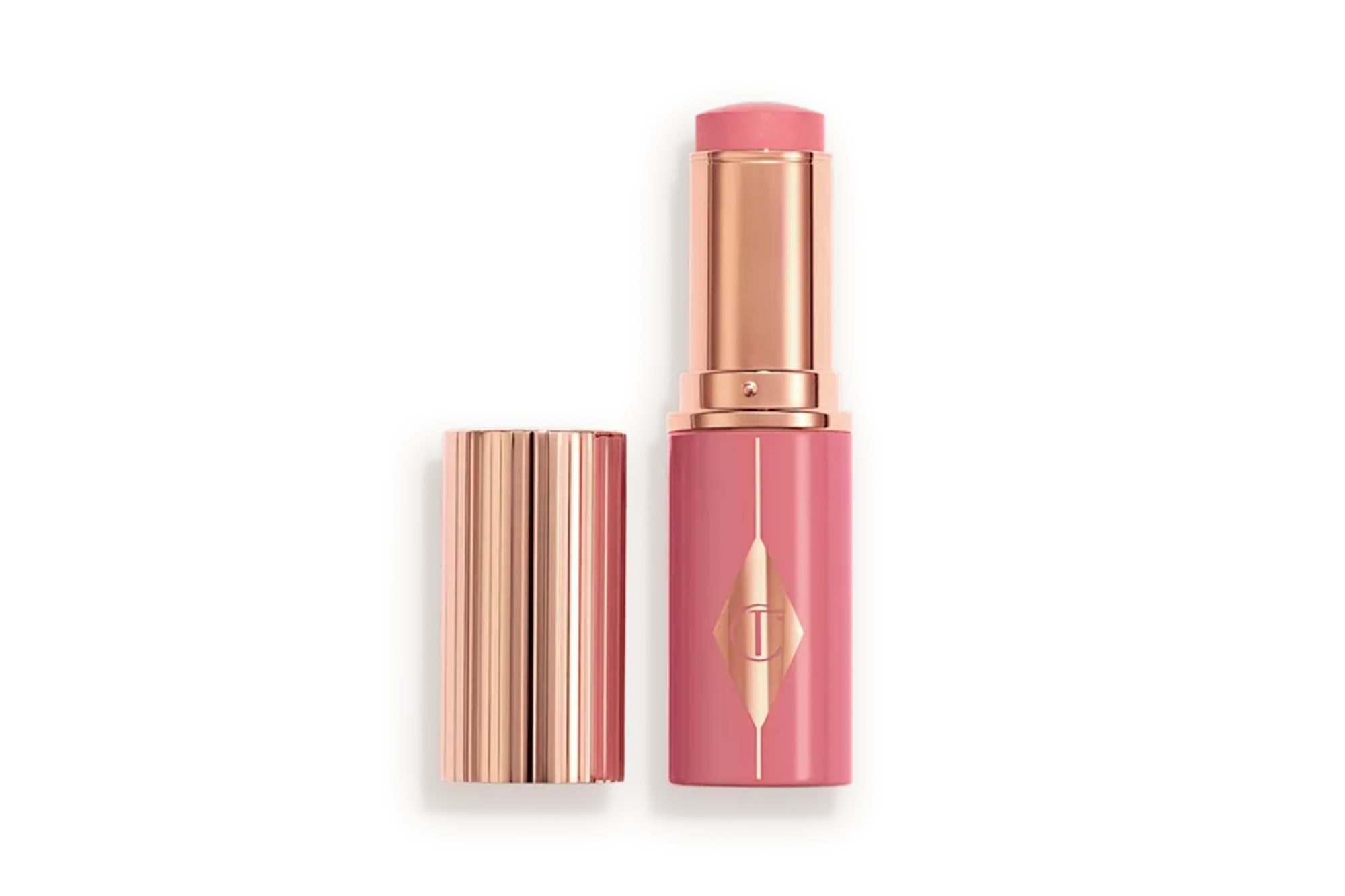 Pink Charlotte Tilbury blush stick with the lid removed, revealing the rose gold case and pink blush.