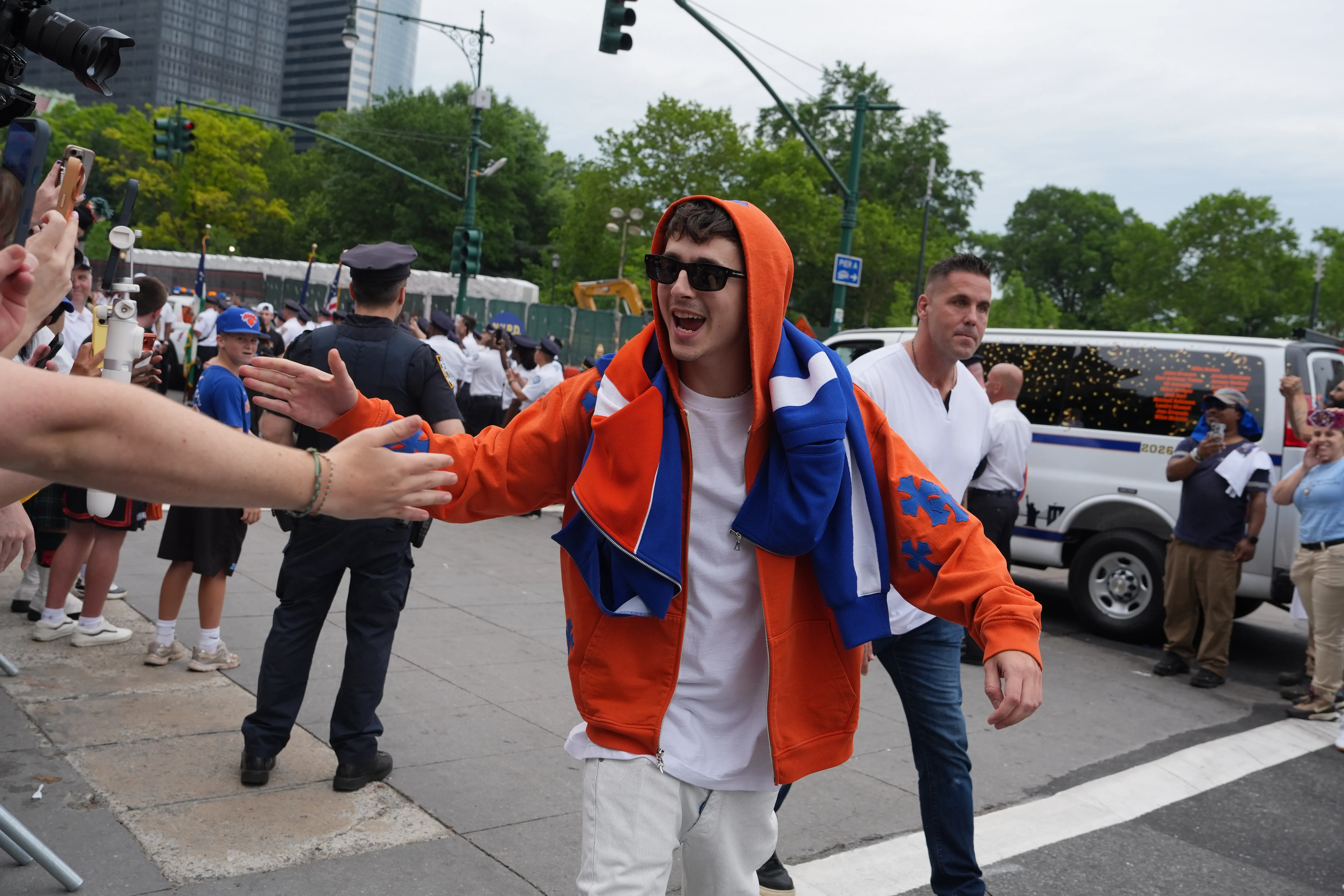 Timothee Chalamet attends the 2026 New York Knicks NBA Championship Ticker-Tape Parade, 