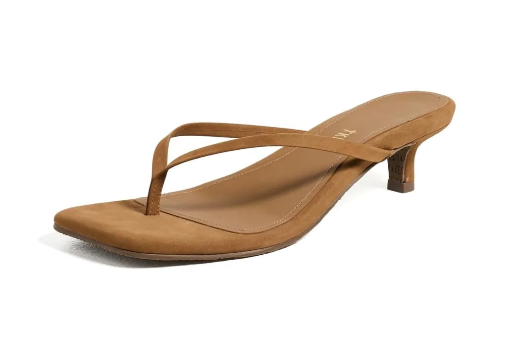 Brown suede TKEES high heel flip-flop sandal.