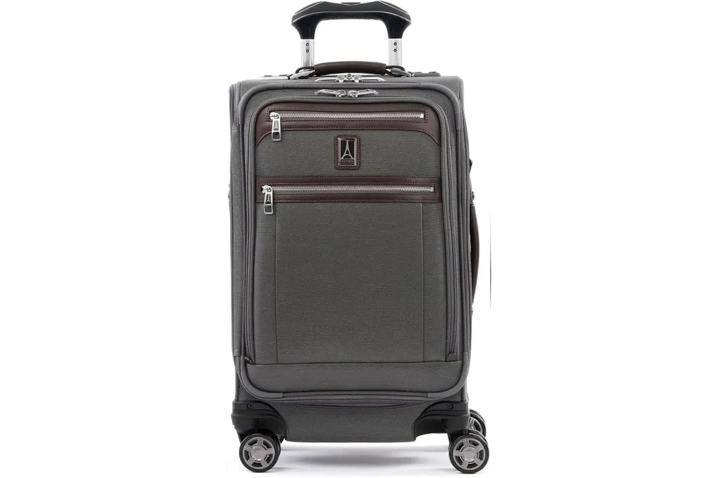 A grey suitcase with wheels